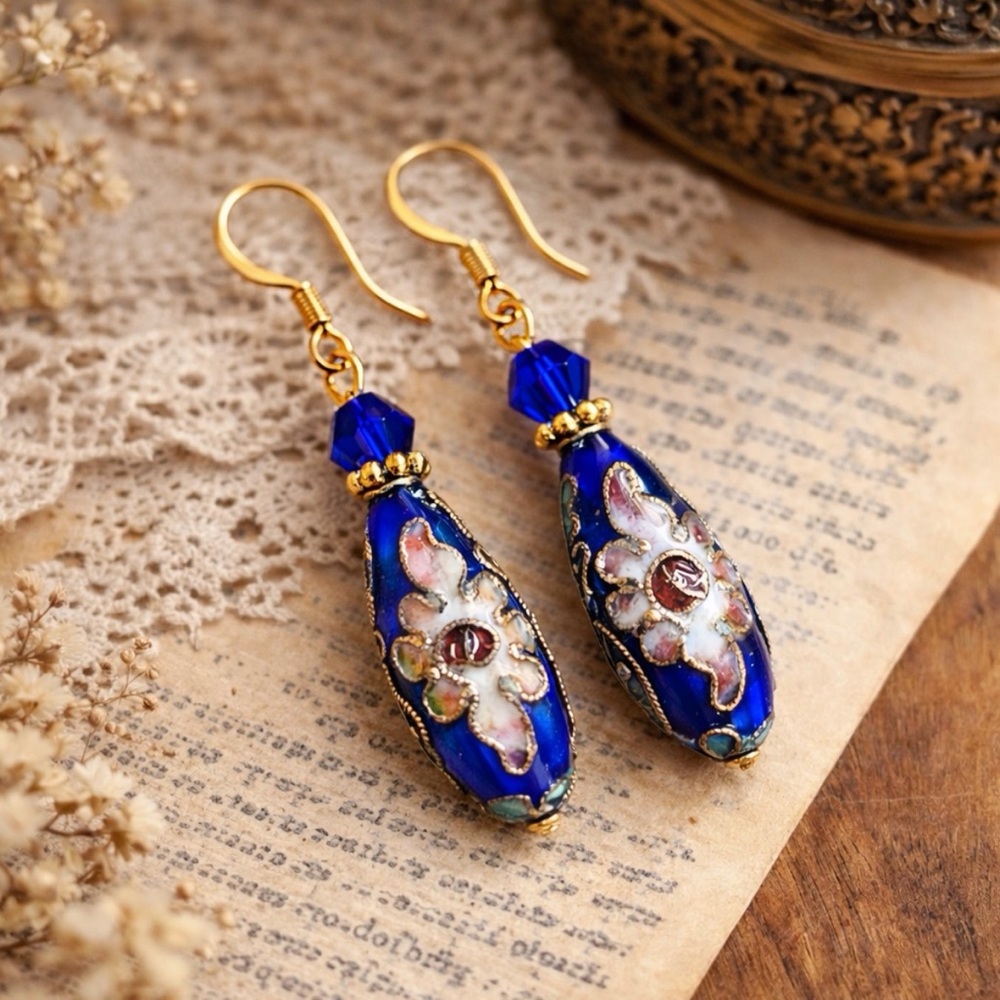 Vintage Cloisonné Elongated Bead Earrings Cobalt Blue Floral Gold Hooks Artisan